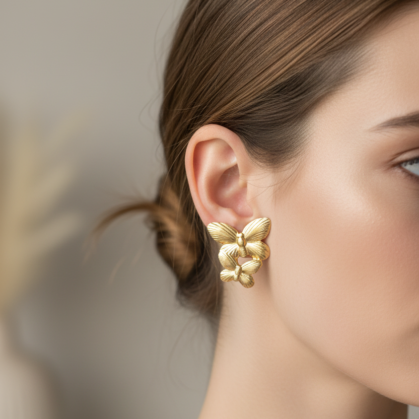 Double Butterfly Gold & Silver Stainless Steel Post Earrings - Wholesale Set (CR4262)