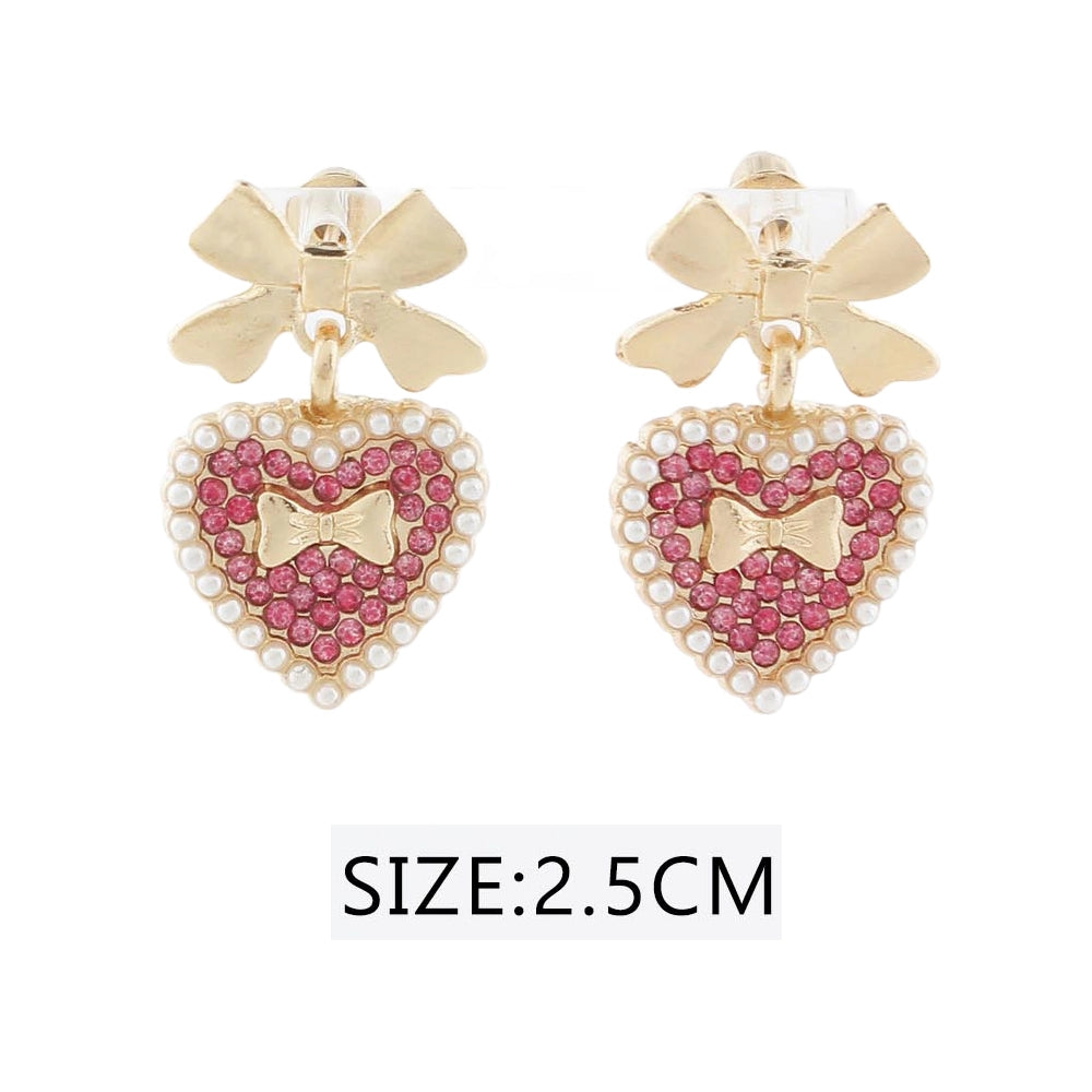 Coquette Bow & Pearl-Rimmed Heart Drop Earrings (CR4272)