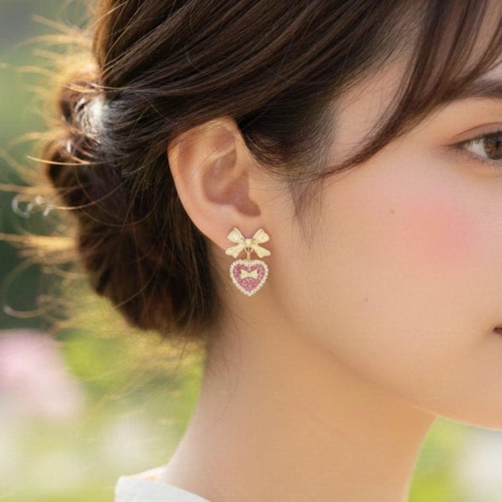 Coquette Bow & Pearl-Rimmed Heart Drop Earrings (CR4272)