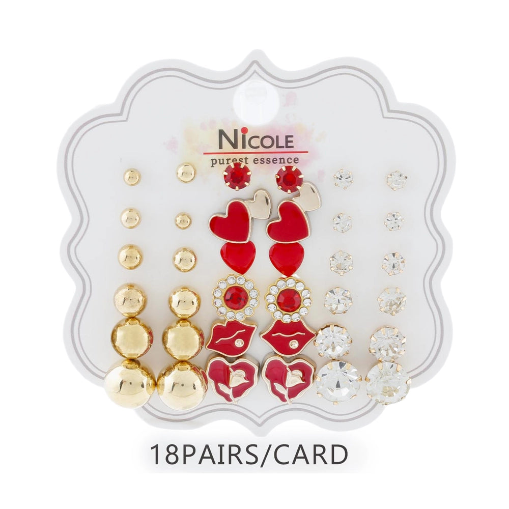 Gold & Red Stud Earring Set – Heart, Lips, & Crystal Multi-Pack for Women & Girls