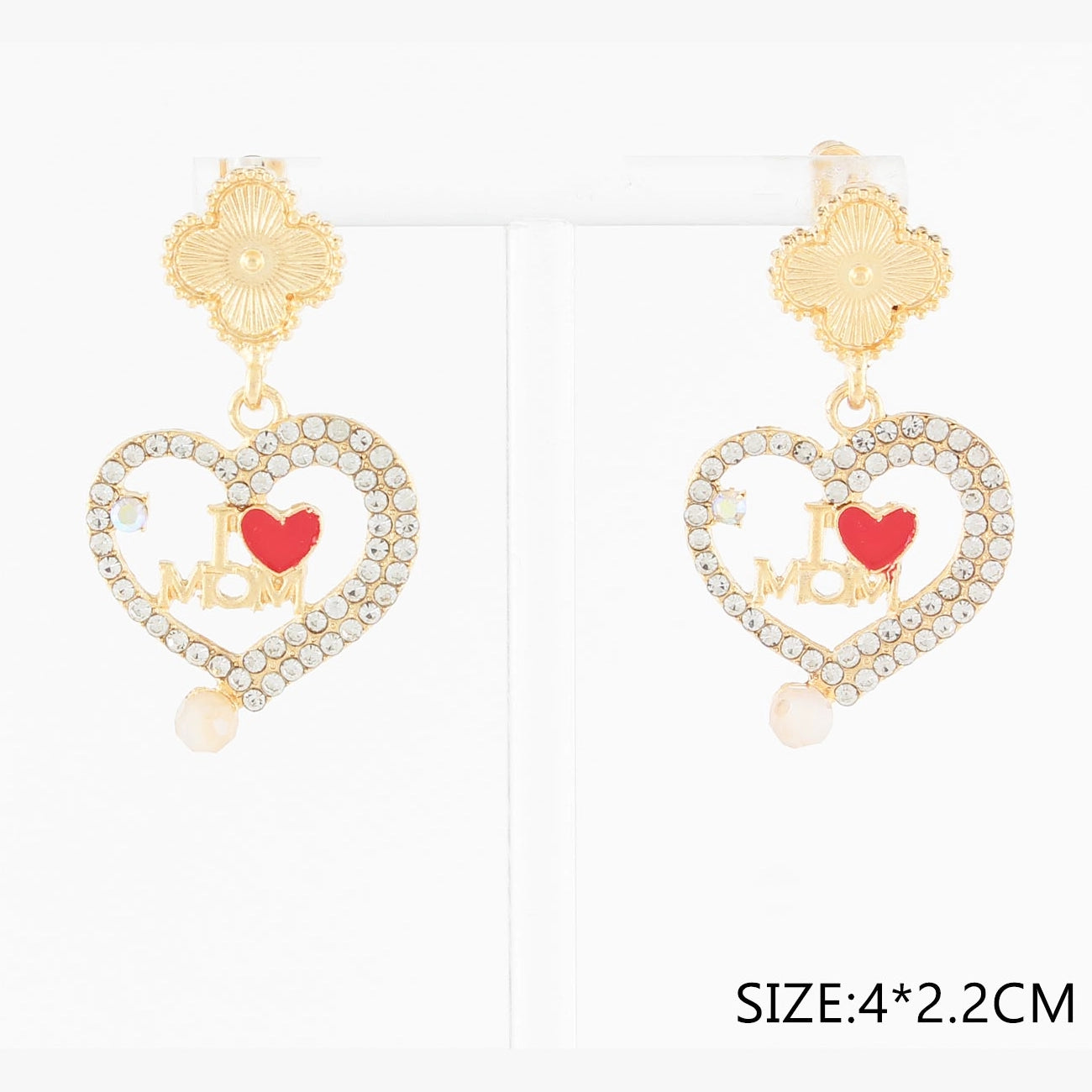 "I Love Mom" Crystal Heart Drop Earrings – Gold & Silver Tone Post Earrings (CR4322)