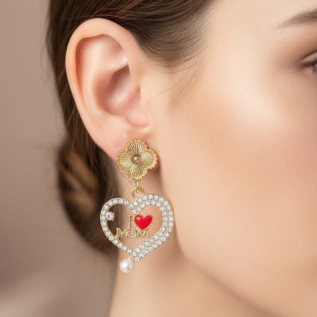 "I Love Mom" Crystal Heart Drop Earrings – Gold & Silver Tone Post Earrings (CR4322)