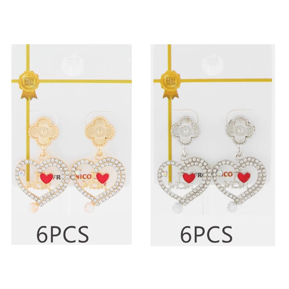"I Love Mom" Crystal Heart Drop Earrings – Gold & Silver Tone Post Earrings (CR4322)