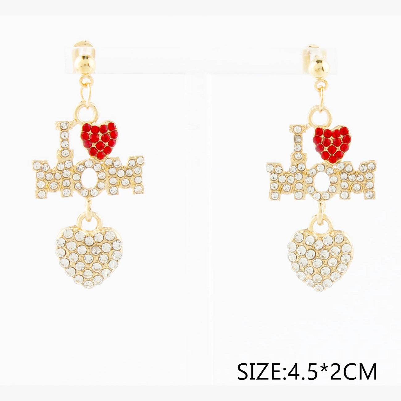 "I Love Mom" Pave Crystal Dangle Earrings – Sparkly Heart Drop Post Earrings for Women, Gold & Silver Tone (CR4323)