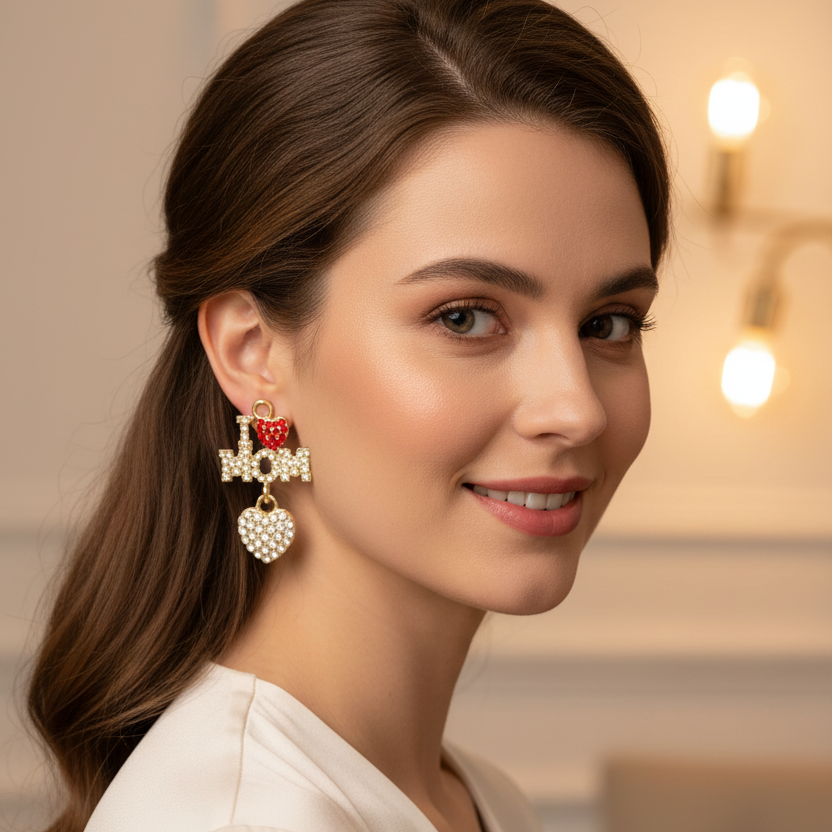 "I Love Mom" Pave Crystal Dangle Earrings – Sparkly Heart Drop Post Earrings for Women, Gold & Silver Tone (CR4323)