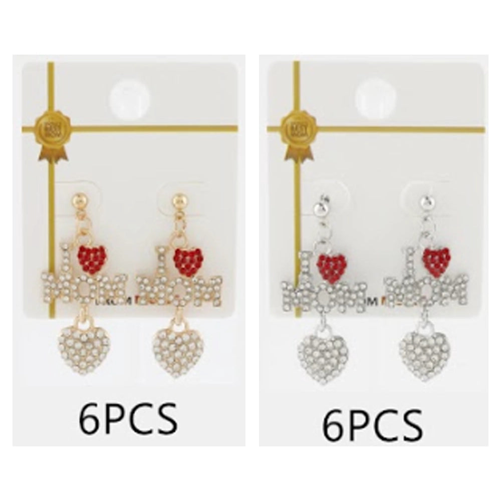 "I Love Mom" Pave Crystal Dangle Earrings – Sparkly Heart Drop Post Earrings for Women, Gold & Silver Tone (CR4323)
