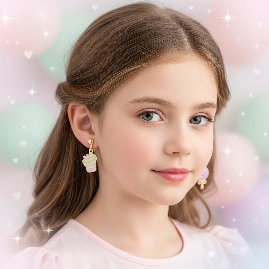 Kids Clip-On Earrings Set - Cute Cupcake & Lollipop Dangling Earrings for Girls (Non-Pierced, 2 pair) CR4347