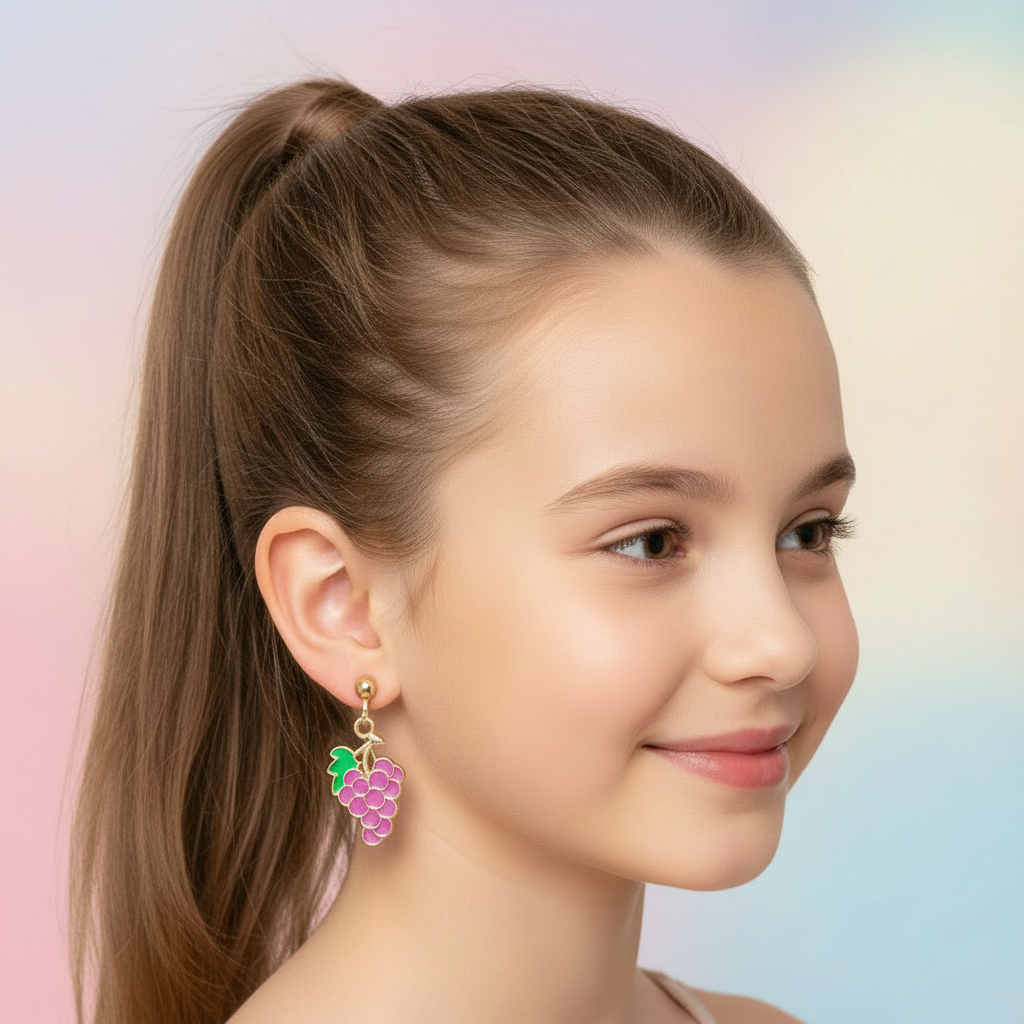 2-Pair Clip-On Earring Set – Cubic Zirconia Studs & Fruit Dangles (Grapes/Pineapple (CR4348)