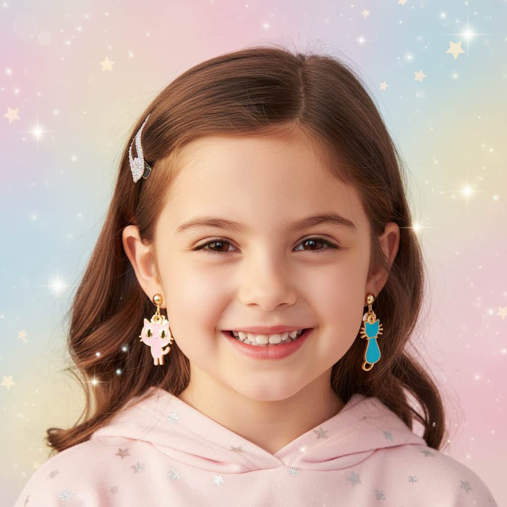Kids Cat Dangling Clip-On Earrings Set (2 Pairs) – Cute Enamel Kitten Jewelry for Girls (CR4350)