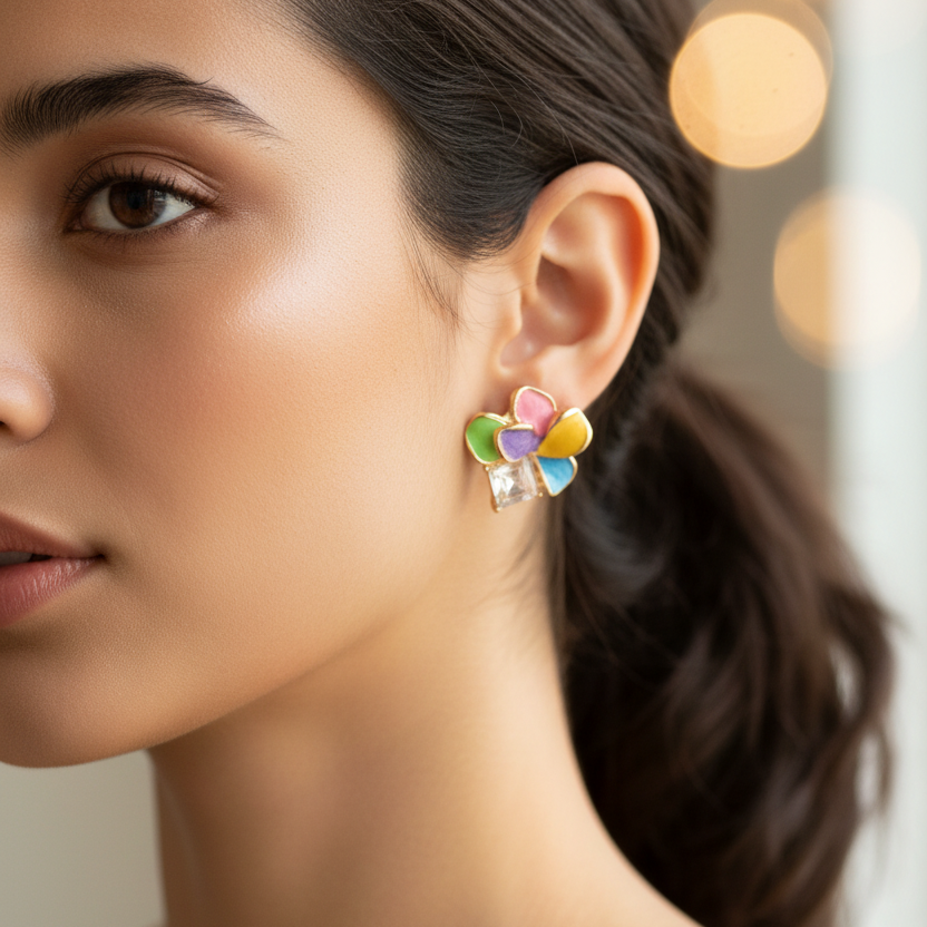Colorful Flower Post Earrings with Crystal (CR4414)