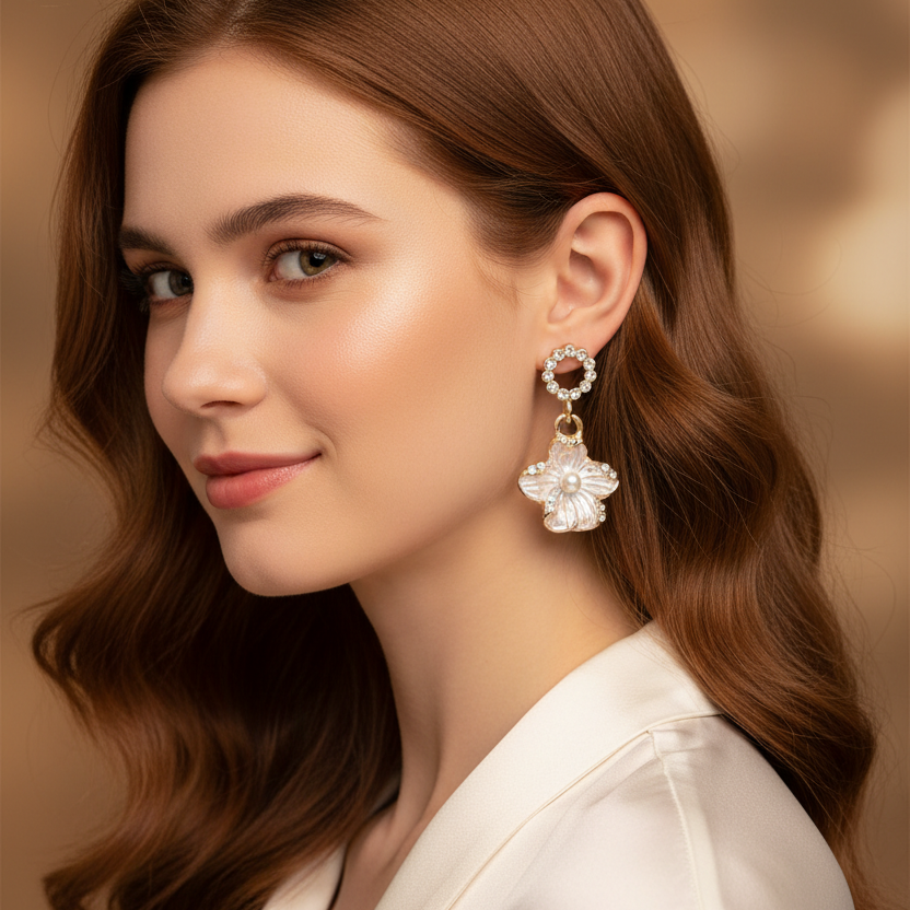 Elegant Floral Post Earrings – Rhinestone Circle & Pearl Accent Flower Drop Earrings (CR4418)
