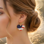 Patriotic USA American Flag Heart Fish Hook Earrings – Crystal Rhinestone Enamel 4th of July Jewelry, 3x2.5cm (Style CR4488) CR4488