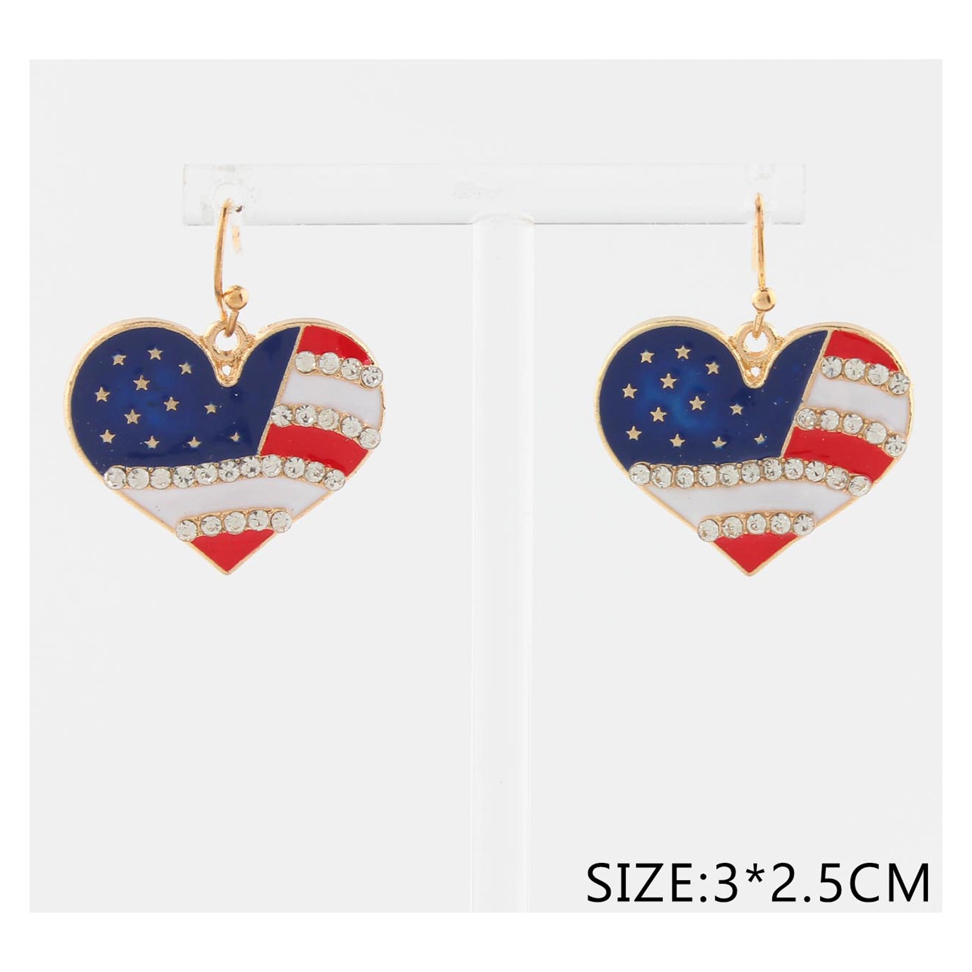 Patriotic USA American Flag Heart Fish Hook Earrings – Crystal Rhinestone Enamel 4th of July Jewelry, 3x2.5cm (Style CR4488) CR4488