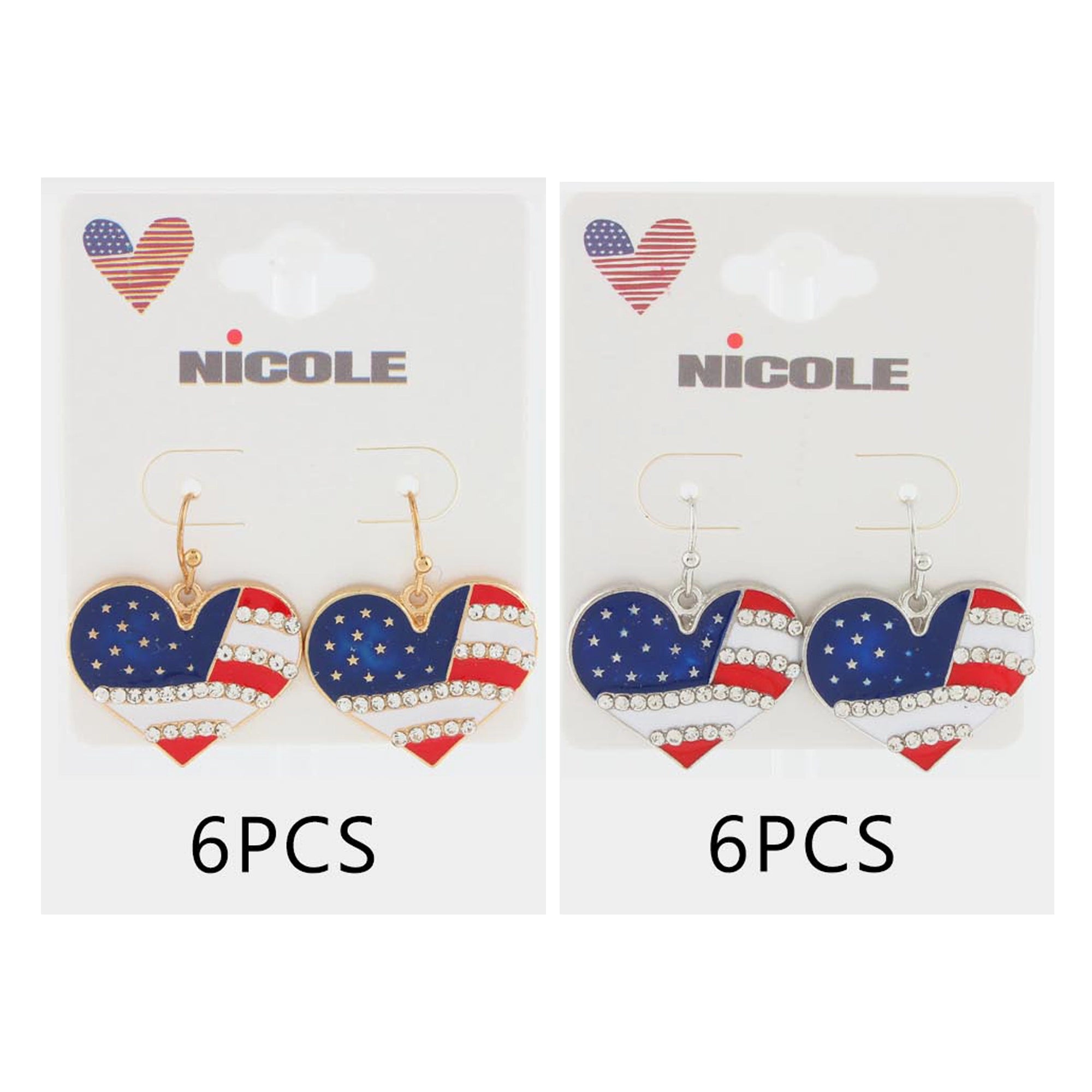Patriotic USA American Flag Heart Fish Hook Earrings – Crystal Rhinestone Enamel 4th of July Jewelry, 3x2.5cm (Style CR4488) CR4488