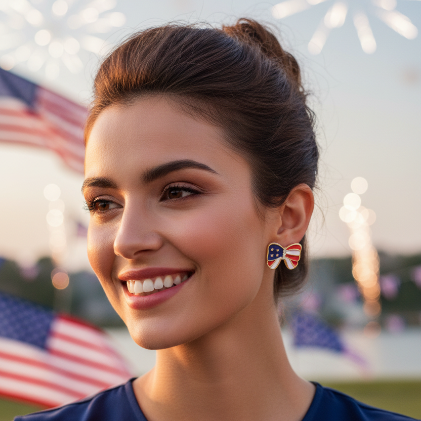 Patriotic American Flag Bow Post Earrings – Red, White, & Blue 4th of July Jewelry (CR4494)