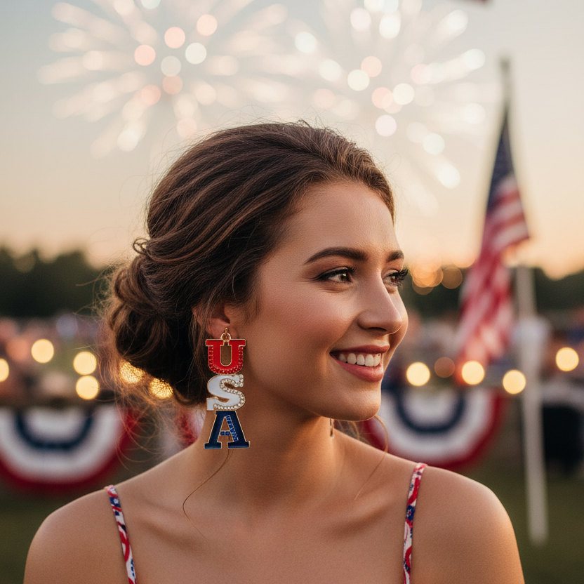 Patriotic USA Dangle Earrings for Women – Red White and Blue Rhinestone 4th of July Drop Earrings, Patriotic Jewelry for Independence Day, Memorial Day, Olympic Games, Pride, 5.5cm (CR4497)