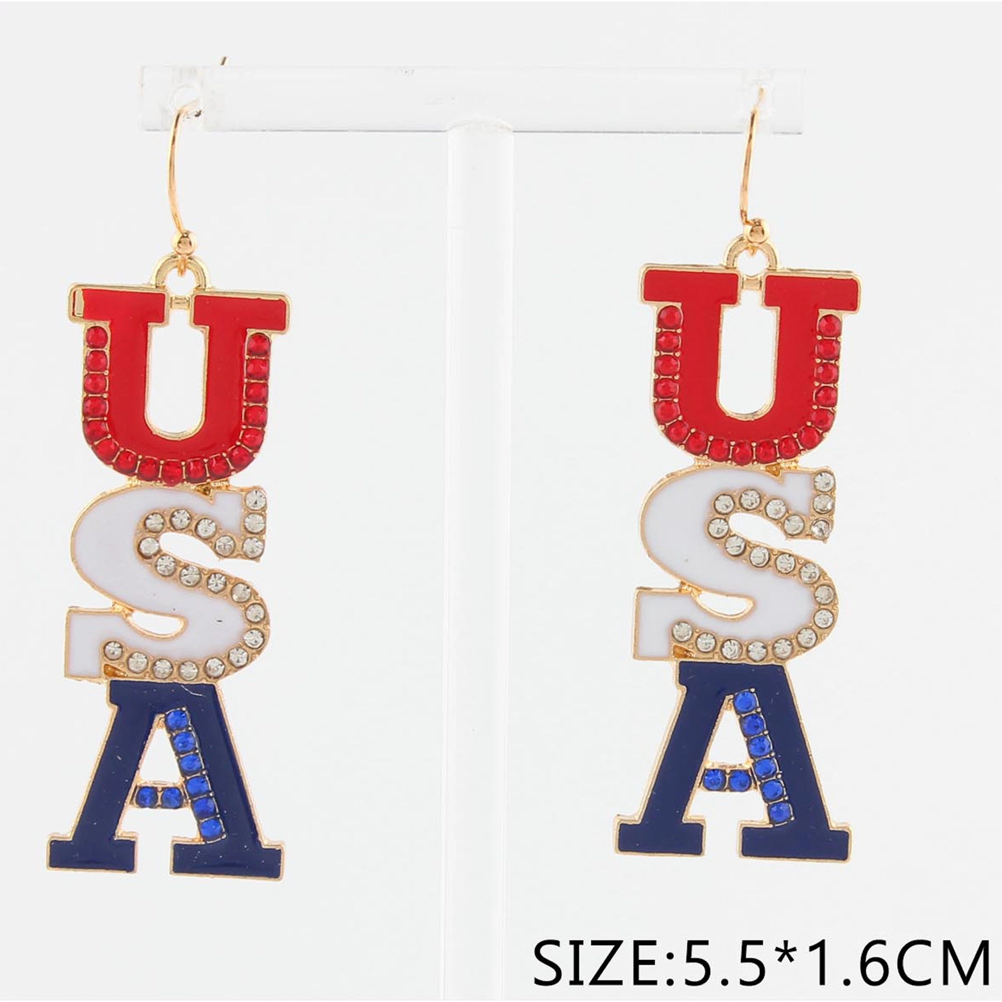 Patriotic USA Dangle Earrings for Women – Red White and Blue Rhinestone 4th of July Drop Earrings, Patriotic Jewelry for Independence Day, Memorial Day, Olympic Games, Pride, 5.5cm (CR4497)