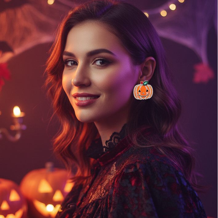 Halloween Pumpkin Jack-o'-Lantern Crystal Rhinestone Enamel Clip-On Earrings (CR4603)