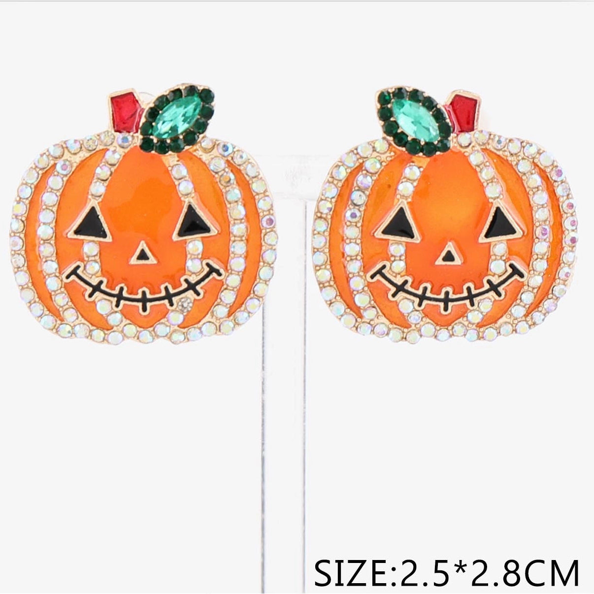 Halloween Pumpkin Jack-o'-Lantern Crystal Rhinestone Enamel Clip-On Earrings (CR4603)
