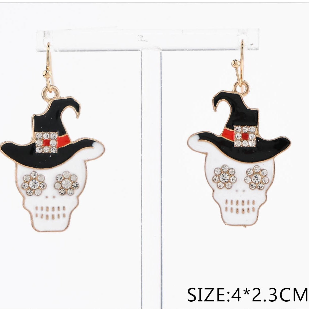Halloween Skull Witch Hat Dangle Earrings – Rhinestone Crystal Sugar Skull Drop Earrings (CR4604)