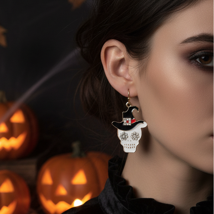 Halloween Skull Witch Hat Dangle Earrings – Rhinestone Crystal Sugar Skull Drop Earrings (CR4604)