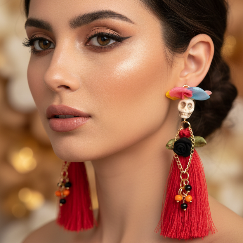 Vibrant Day of the Dead Sugar Skull Tassel Earrings (CR4611)