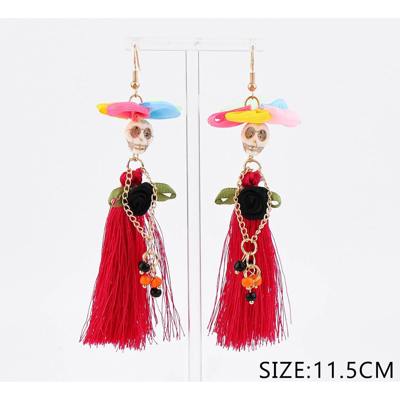 Vibrant Day of the Dead Sugar Skull Tassel Earrings (CR4611)