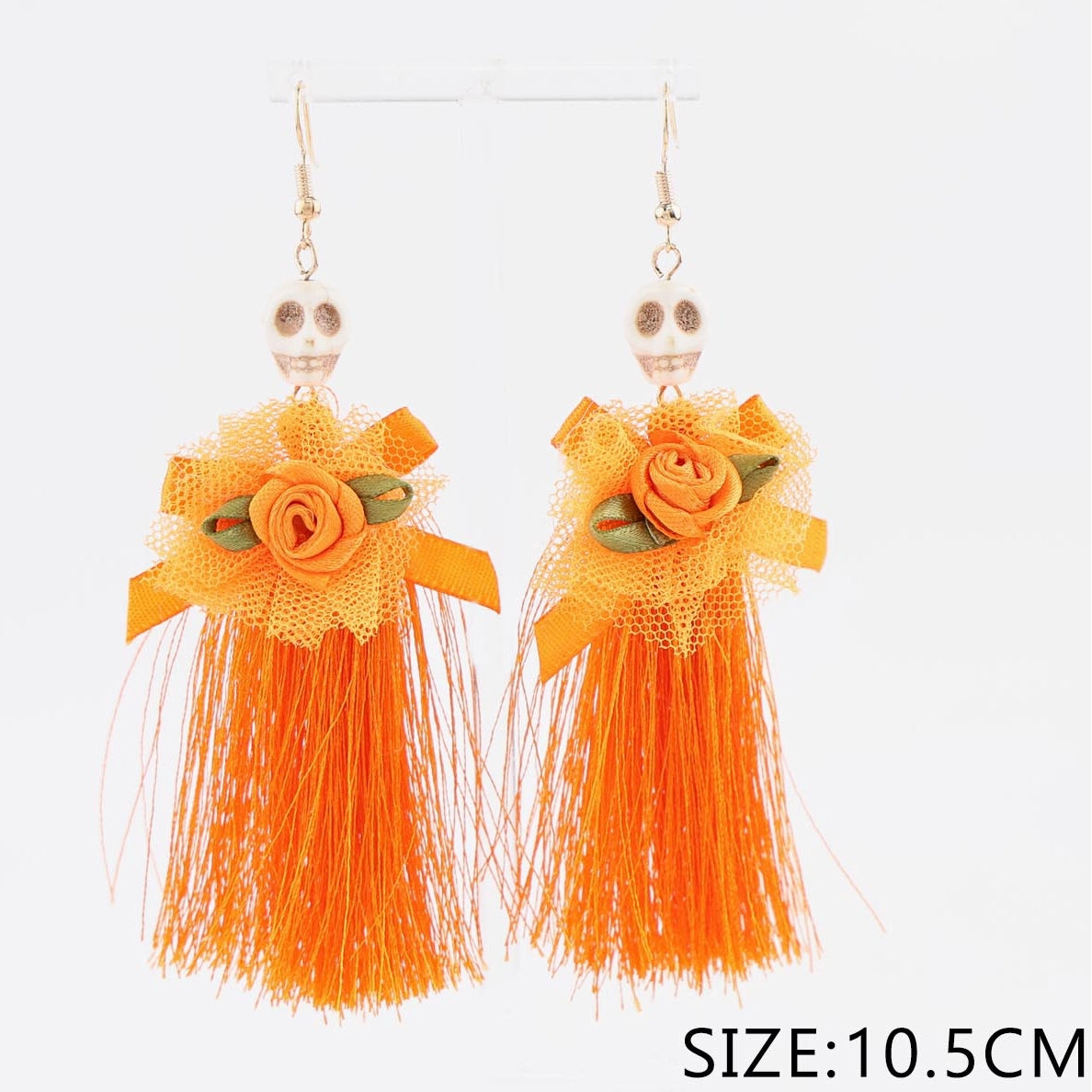 Halloween Skull Tassel Drop Earrings with Floral Ribbon – Long Statement Dangle Earrings (10.5cm) (CR4612)