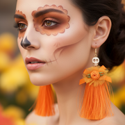 Halloween Skull Tassel Drop Earrings with Floral Ribbon – Long Statement Dangle Earrings (10.5cm) (CR4612)