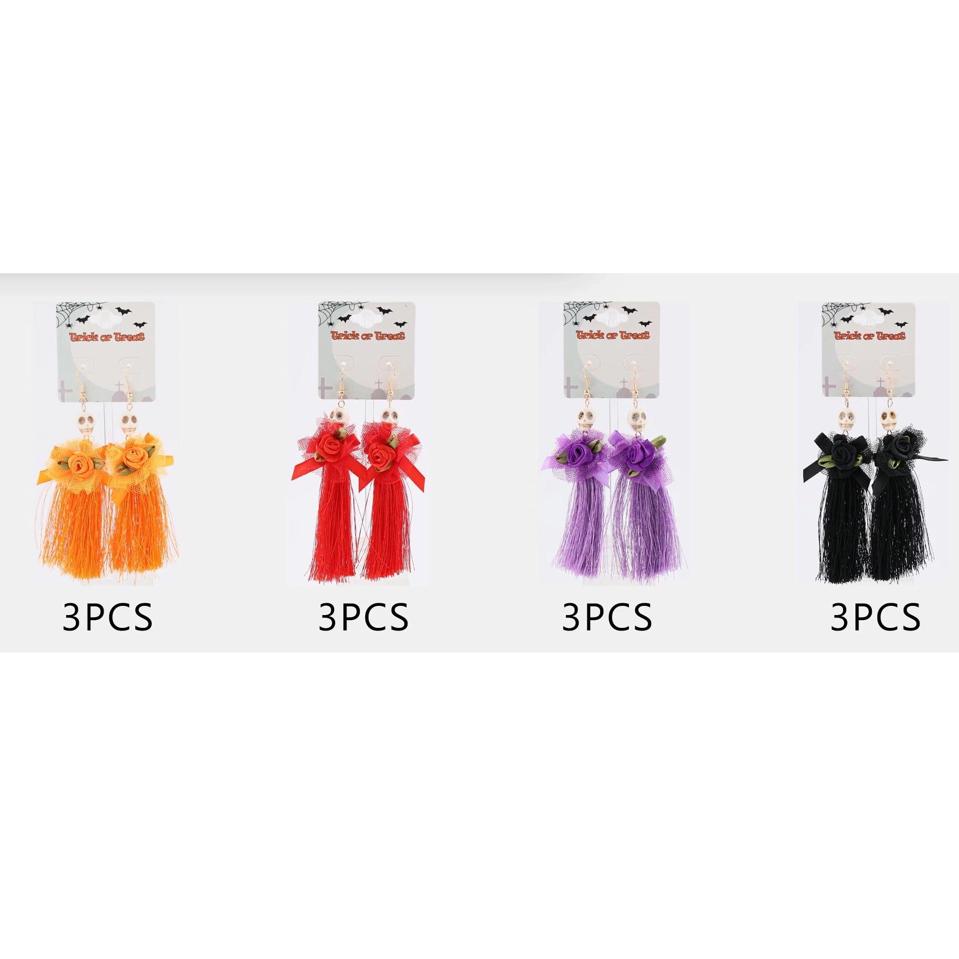 Halloween Skull Tassel Drop Earrings with Floral Ribbon – Long Statement Dangle Earrings (10.5cm) (CR4612)