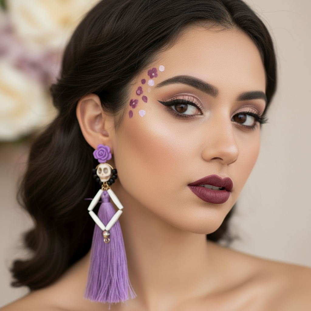 Halloween Sugar Skull Tassel Dangle Earrings – Day of the Dead (Día de los Muertos) Boho Fringe Drop Earrings for Women (12 cm) CR4613