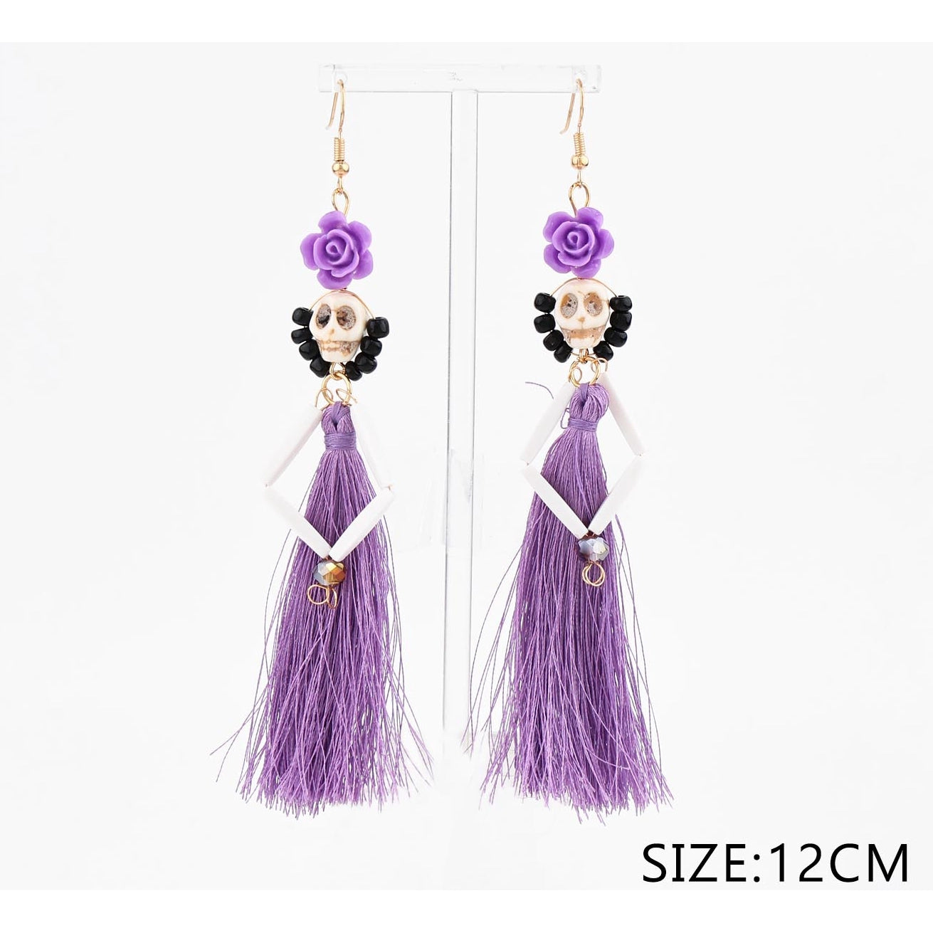 Halloween Sugar Skull Tassel Dangle Earrings – Day of the Dead (Día de los Muertos) Boho Fringe Drop Earrings for Women (12 cm) CR4613