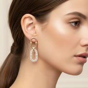 Elegant Rhinestone Double Oval Chain Dangle Earrings - Gold & Silver Post Earrings (4.5cm x 1.5cm) (CR4672)