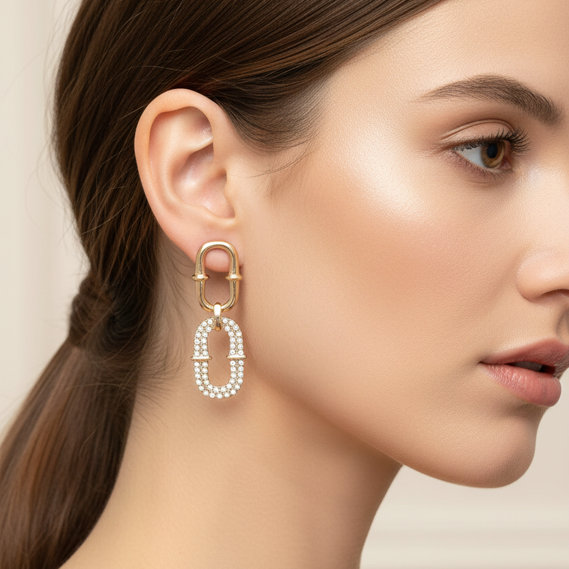 Elegant Rhinestone Double Oval Chain Dangle Earrings - Gold & Silver Post Earrings (4.5cm x 1.5cm) (CR4672)