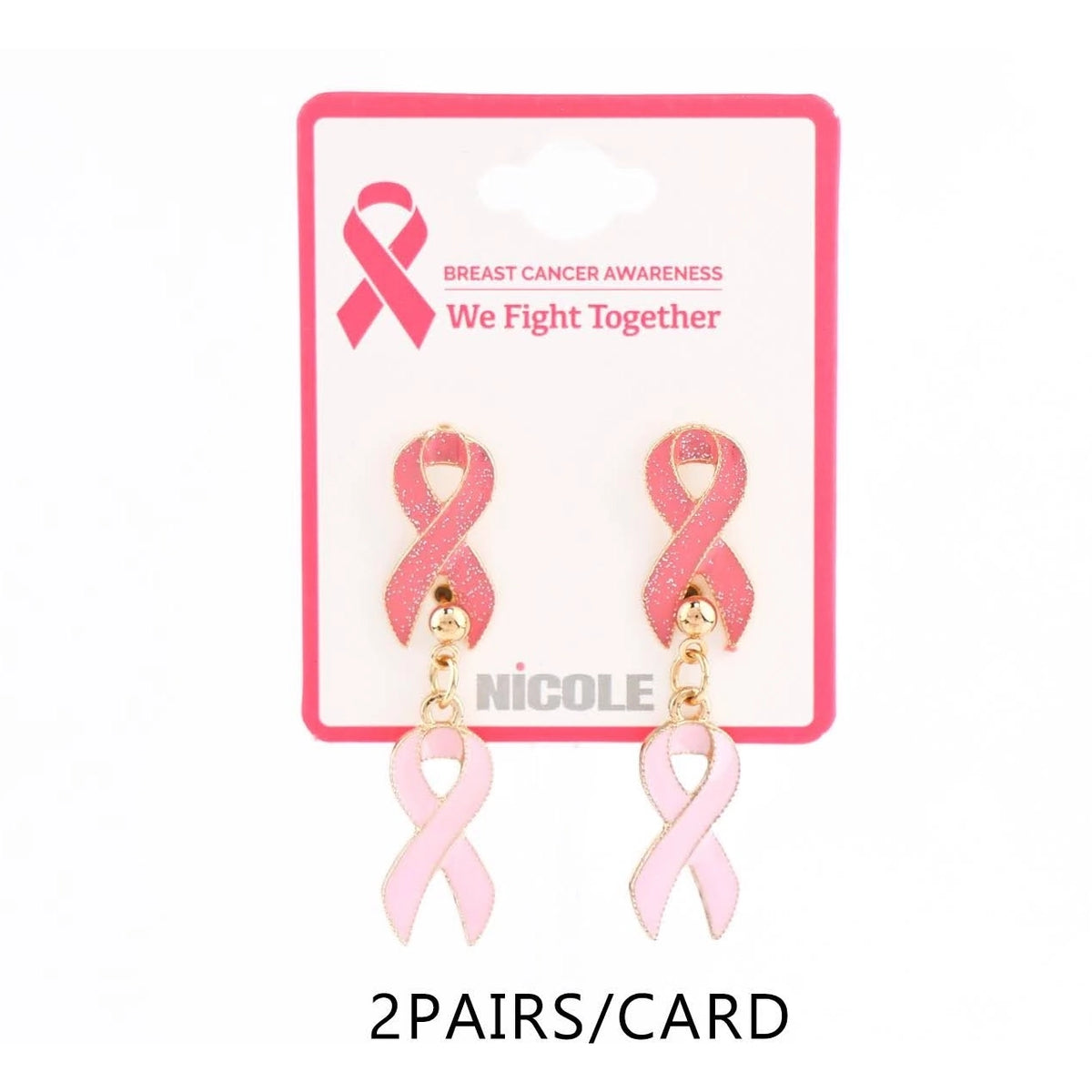 Pink Ribbon Rhinestone Heart Dangle Earrings – Breast Cancer Awareness Jewelry (CR4719)