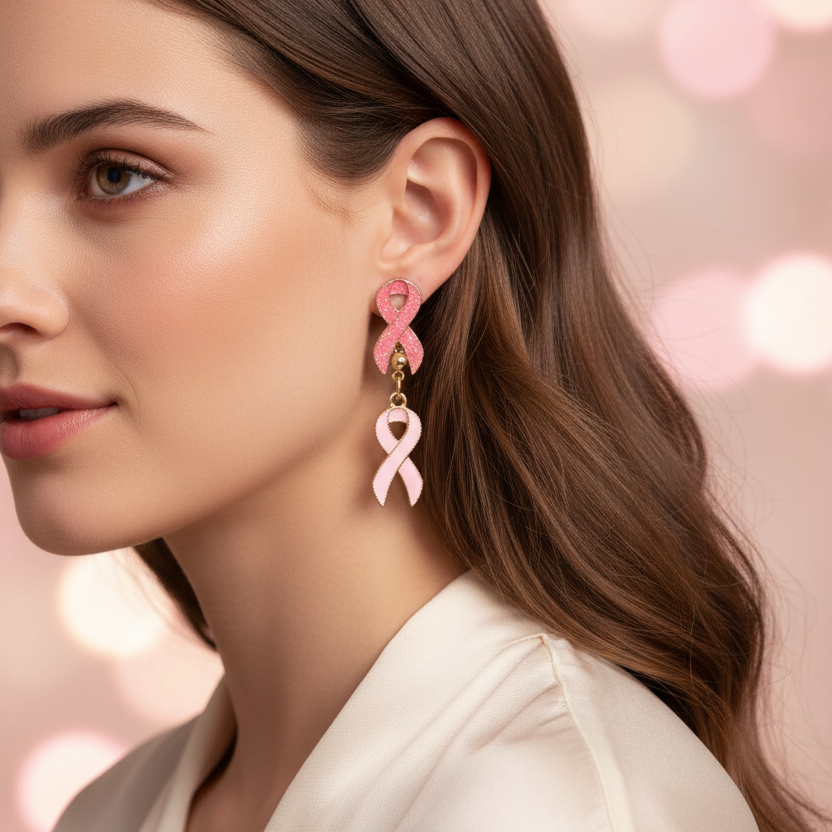 Pink Ribbon Rhinestone Heart Dangle Earrings – Breast Cancer Awareness Jewelry (CR4719)