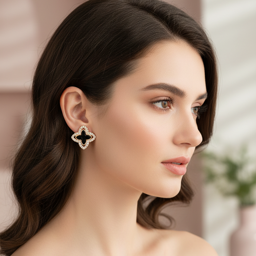 Gold-Tone Clover Stud Earrings with Rhinestone Border – Black Enamel Four-Leaf Clover Fashion Jewelry