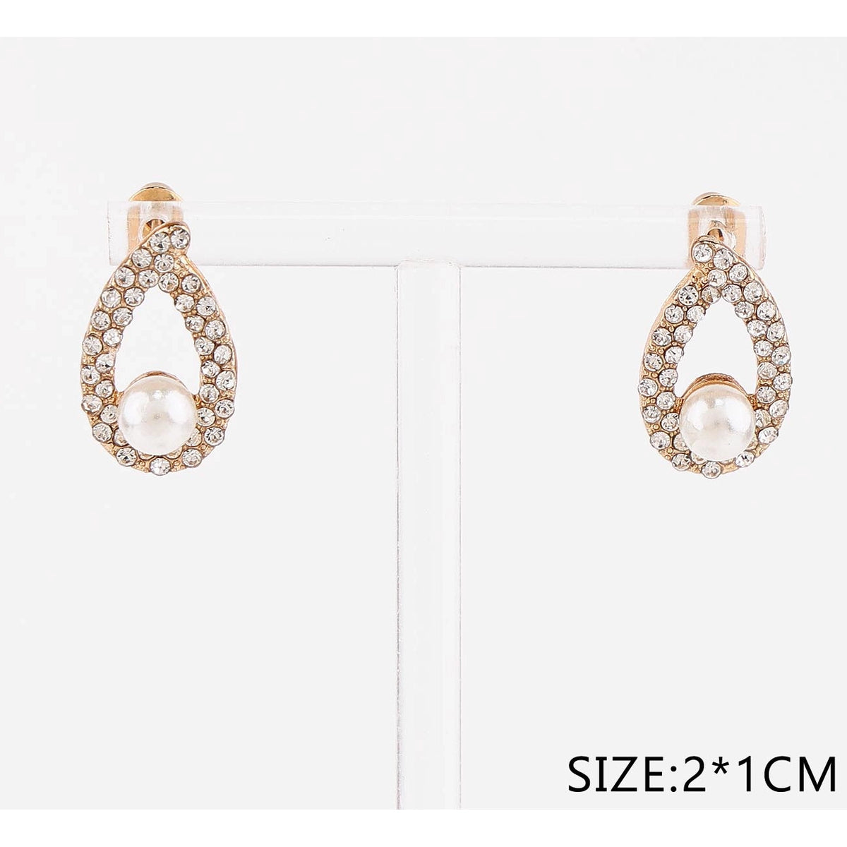 Gold-Tone Rhinestone Teardrop Pearl Dangle Earrings – Elegant Crystal Statement Jewelry, 2.1 cm, 6-Piece Set (CR4746)