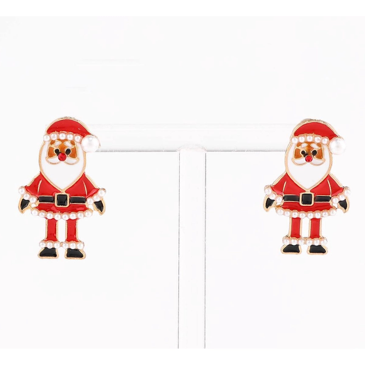 2.5CM Enamel Santa Claus Post Earrings with Faux Pearl Trim – Gold Tone 12-Pair Wholesale Pack (CR4769)