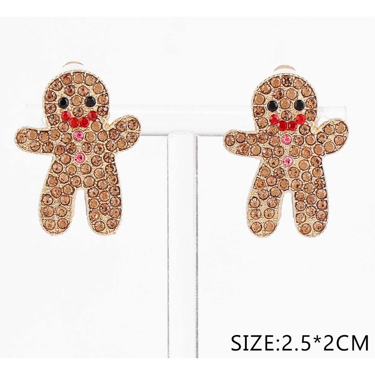 2.5CM Sparkling Rhinestone Gingerbread Man Clip-On Earrings – Gold & Silver Tone Non-Pierced 12-Pair Wholesale Pack (CR4773)