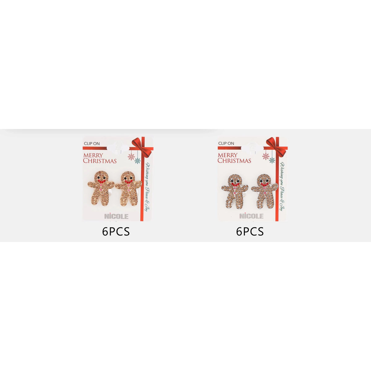 2.5CM Sparkling Rhinestone Gingerbread Man Clip-On Earrings – Gold & Silver Tone Non-Pierced 12-Pair Wholesale Pack (CR4773)