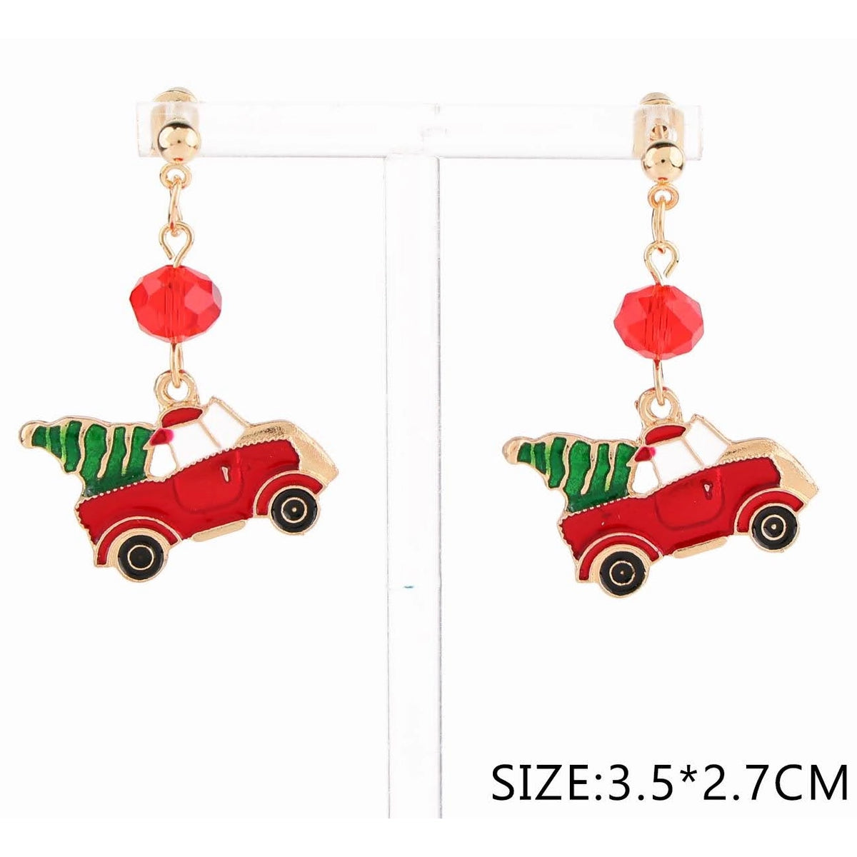 3.5CM Vintage Red Truck with Christmas Tree Dangle Earrings with Red Faceted Bead – Gold & Silver Tone 12-Pair Wholesale Pack (CR4775)