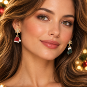 3CM Christmas Snowflake Post Earrings with Rhinestone Santa Hat & Stocking Charms - 12pairs (CR4785)
