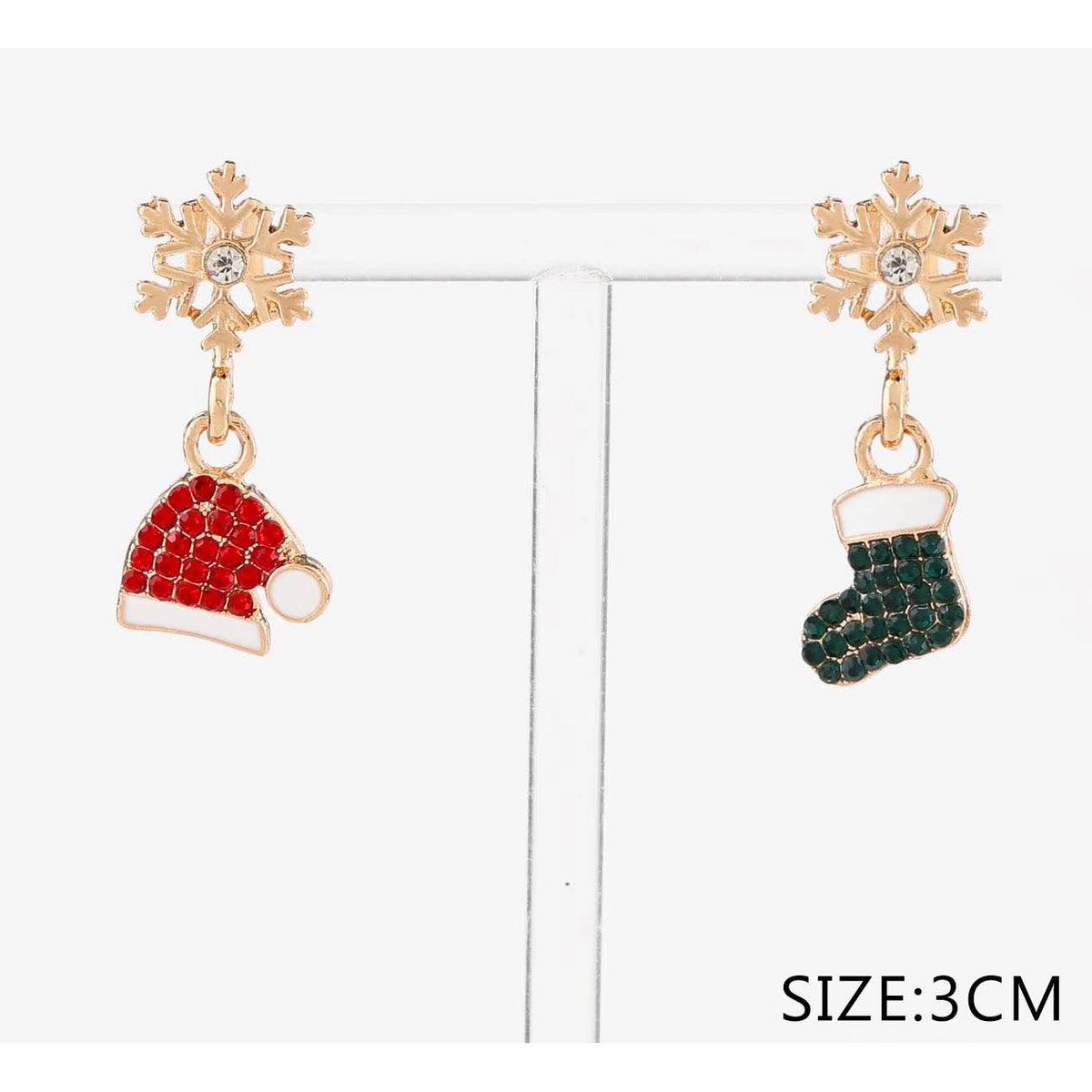 3CM Christmas Snowflake Post Earrings with Rhinestone Santa Hat & Stocking Charms - 12pairs (CR4785)