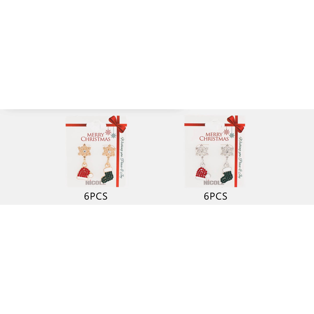 3CM Christmas Snowflake Post Earrings with Rhinestone Santa Hat & Stocking Charms - 12pairs (CR4785)