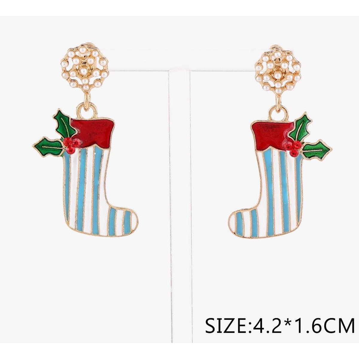Christmas Striped Stocking Dangle Earrings with Pearl Stud Posts – 3 Color Assortment 12-Pair Wholesale Pack (CR4787)