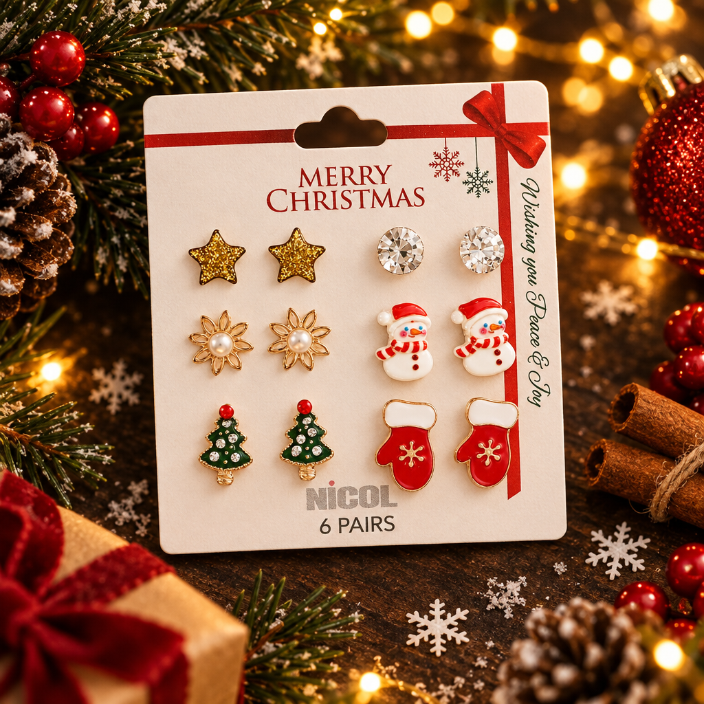 Christmas Stud Earring Set – Gold Glitter Star, Solitaire Crystal, Pearl Flower, Snowman, Christmas Tree & Mitten (CR4791)