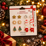 Christmas Stud Earring Set – Gold Glitter Star, Solitaire Crystal, Pearl Flower, Snowman, Christmas Tree & Mitten (CR4791)