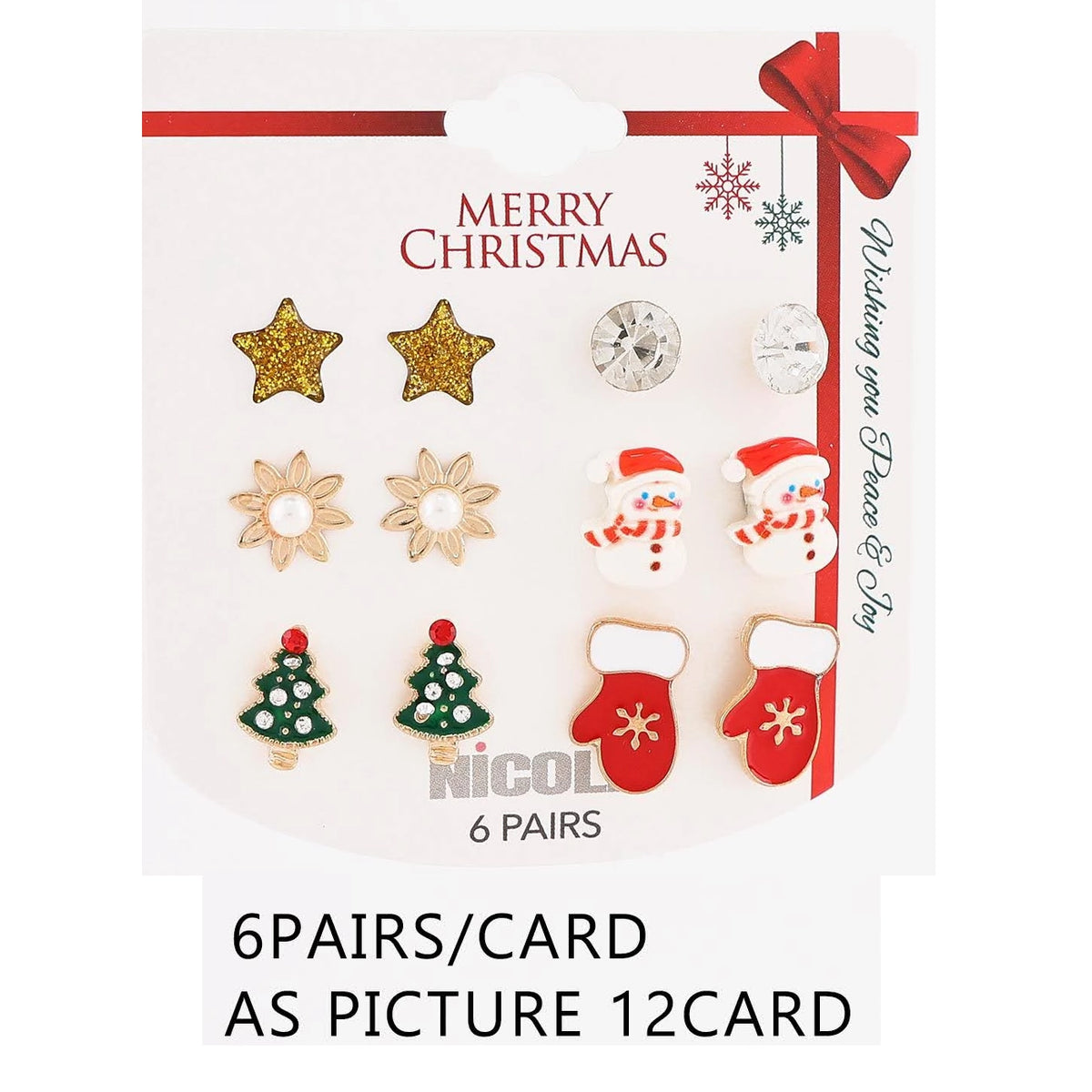 Christmas Stud Earring Set – Gold Glitter Star, Solitaire Crystal, Pearl Flower, Snowman, Christmas Tree & Mitten (CR4791)