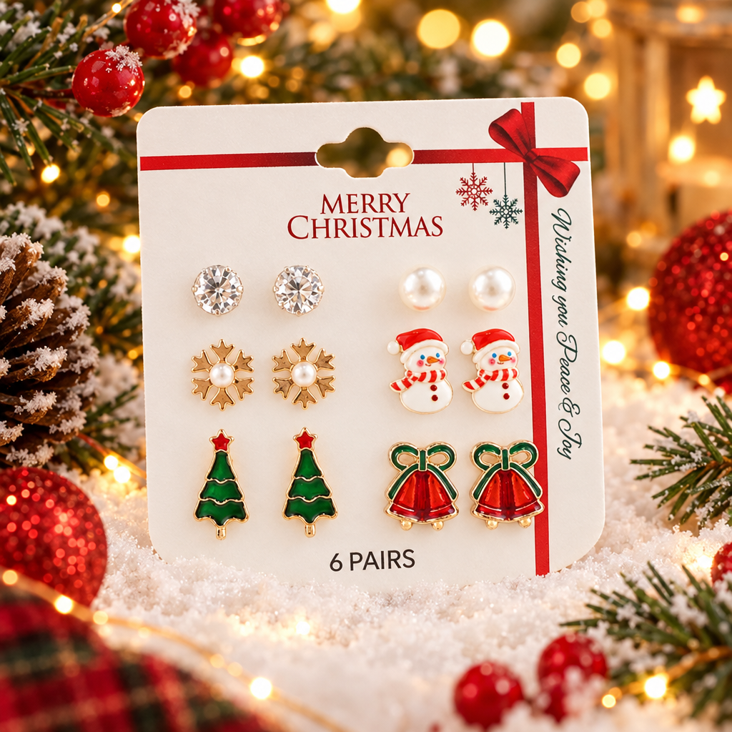 Christmas Stud Earring Set – Solitaire Crystal, Pearl, Snowflake, Snowman, Tree & Jingle Bells (CR4795)